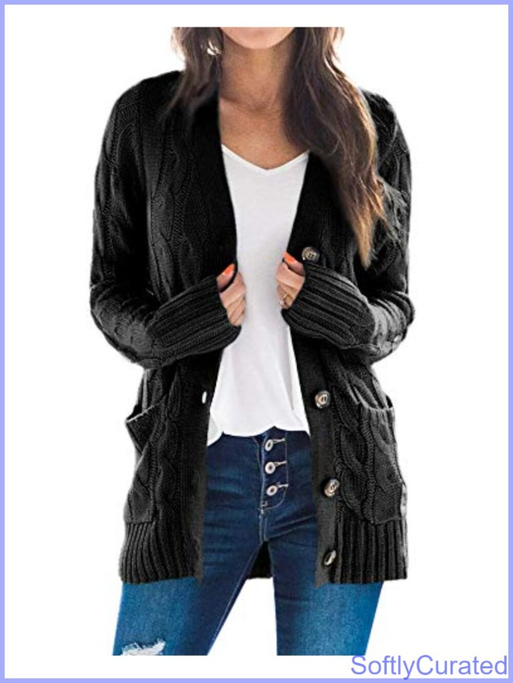 Cable Knit Open Front Button Down Cardigan Sweater Coat